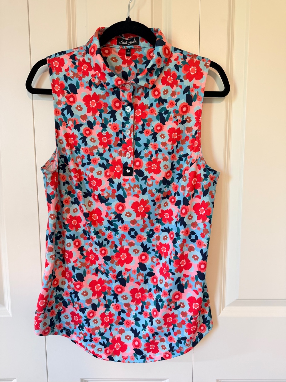 Bad Birdie Sleeveless Floral Polo - Coral Red & Light Blue